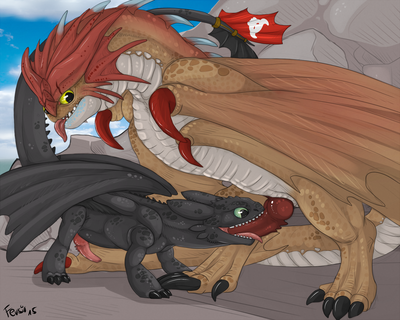 Toothless and Cloudjumper
art by fersir
Keywords: how_to_train_your_dragon;httyd;night_fury;toothless;cloudjumper;stormcutter;dragon;wyvern;feral;male;M/M;penis;oral;fersir