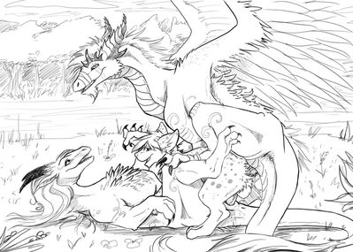 Threesome
art by syrinoth
Keywords: dragon;dragoness;furry;canine;male;female;feral;anthro;M/F;M/M;threeway;penis;from_behind;vaginal_penetration;anal;syrinoth