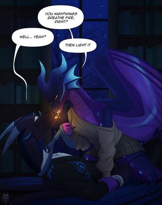 Light It Up - text (Wings_of_Fire)
art by 5ushiroll
Keywords: wings_of_fire;nightwing;rainwing;dragon;dragoness;male;female;feral;anthro;breasts;M/F;cowgirl;suggestive;5ushiroll