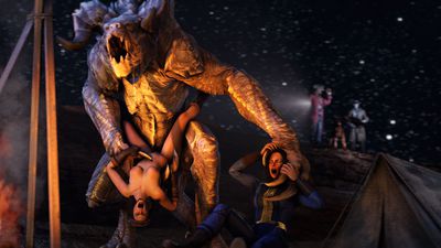 Deathclaw Lovers
art by cheops
Keywords: beast;videogame;fallout;lizard;reptile;deathclaw;male;anthro;human;woman;female;M/F;threeway;missionary;suggestive;cgi;cheops