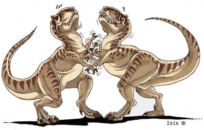 Epic Dinosaur Duel
art by isismasshiro
Keywords: dinosaur;theropod;tyrannosaurus_rex;trex;feral;humor;non-adult;isismasshiro
