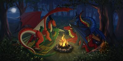 By The Campfire
art by FridaFlame and darkforestt
Keywords: dragon;dragoness;male;female;feral;M/F;orgy;penis;cowgirl;from_behind;vaginal_penetration;fridaflame;darkforestt