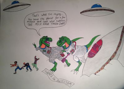 UFO
art by lokidragon
Keywords: dinosaur;theropod;tyrannosaurus_rex;trex;anthro;human;humor;lokidragon
