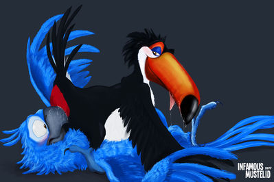 Blu x Rafael
art by InfamousMustelid
Keywords: cartoon;rio;avian;bird;parrot;toucan;blu;rafael;male;anthro;M/M;69;cloaca;oral;spooge;InfamousMustelid