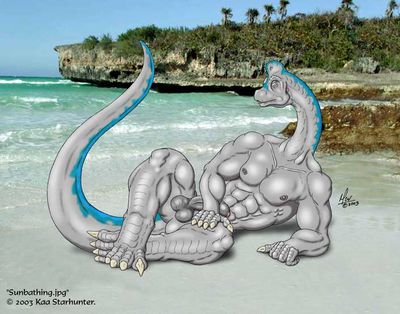 Sunbathing
art by kaa
Keywords: dinosaur;sauropod;apatosaurus;trex;male;anthro;solo;penis;beach;kaa
