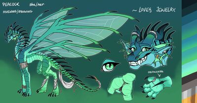 Peacock Reference (Wings_of_Fire)
art by MaxForreal
Keywords: wings_of_fire;hivewing;rainwing;hybrid;dragoness;female;feral;solo;vagina;closeup;reference;MaxForreal