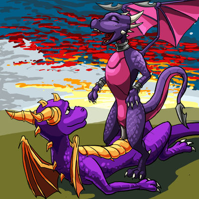Cynder Rides Spyro
art by Oniontrain
Keywords: videogame;spyro_the_dragon;spyro;cynder;dragon;dragoness;male;female;anthro;M/F;penis;cowgirl;vaginal_penetration;Oniontrain