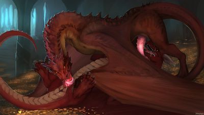 Smaug and Syntax0 69
art by dradmon
Keywords: lord_of_the_rings;lotr;smaug;dragon;wyvern;male;feral;M/M;penis;69;oral;spooge;hoard;dradmon