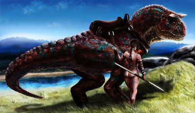 Tamed Carnotaur
art by snugpug
Keywords: beast;videogame;ark_survival_evolved;dinosaur;theropod;carnotaur;feral;male;human;woman;female;M/F;suggestive;snugpug