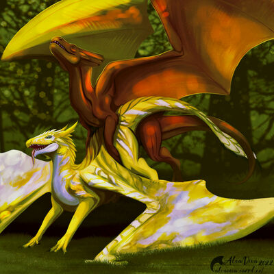 Forest Breeding
art by alvaviva
Keywords: dragon;dragoness;male;female;feral;M/F;from_behind;suggestive;alvaviva