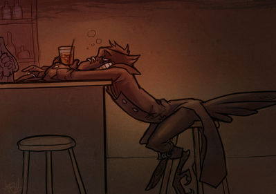 Another Drink Please
art by airu
Keywords: avian;bird;crow;male;anthro;solo;non-adult;airu