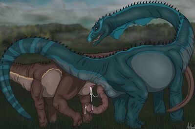 Apatosaurs Mating
art by antlered
Keywords: dinosaur;sauropod;apatosaurus;male;female;feral;M/F;penis;cloaca;suggestive;spooge;antlered