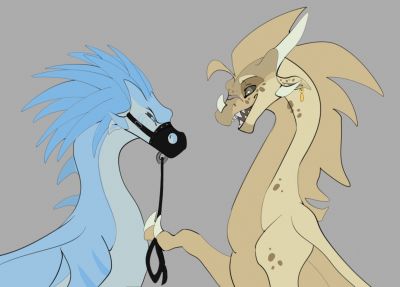 Winter Leashed (Wings_of_Fire)
art by aomamesbeast
Keywords: wings_of_fire;icewing;sandwing;qibli;winter;dragon;male;feral;M/M;bondage;suggestive;aomamesbeast