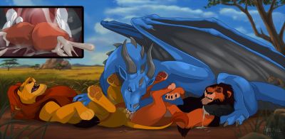 Syrazor and Lions 2
art by arf-fra
Keywords: cartoon;the_lion_king;syrazor;scar;mufasa;dragon;furry;feline;lion;male;feral;M/M;threeway;penis;oral;internal;ejaculation;spooge;arf-fra