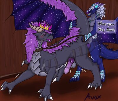 Avox and Galaxy (Wings_of_Fire)
art by avox
Keywords: wings_of_fire;nightwing;icewing;hybrid;dragon;male;feral;M/M;bondage;penis;from_behind;anal;avox