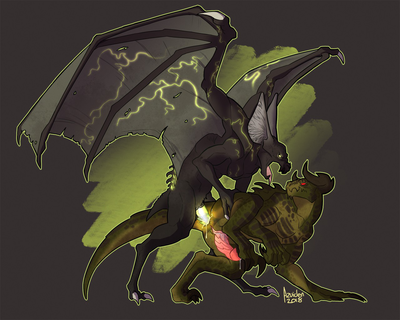 Scorchbeast and Deathclaw Having Sex
art by azuiden
Keywords: videogame;fallout;lizard;reptile;furry;bat;hybrid;scorchbeast;deathclaw;male;feral;M/M;penis;from_behind;anal;spooge;azuiden