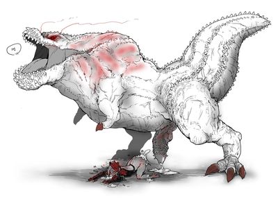 Deviljho Lover
art by babo
Keywords: beast;videogame;monster_hunter;dinosaur;theropod;tyrannosaurus_rex;trex;deviljho;male;feral;human;woman;female;M/F;penis;from_behind;suggestive;macro;spooge;babo