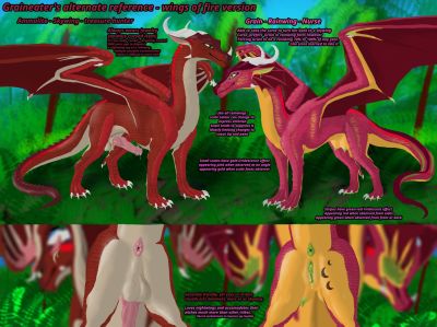 Grain M/F Reference (Wings_of_Fire)
art by birdofgrain
Keywords: wings_of_fire;skywing;rainwing;dragon;dragoness;male;female;feral;solo;penis;vagina;closeup;reference;birdofgrain