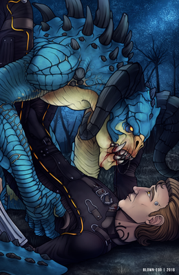 Deathclaw Lover
art by blown-ego
Keywords: beast;videogame;fallout;reptile;lizard;deathclaw;anthro;human;man;male;M/M;missionary;suggestive;blown-ego