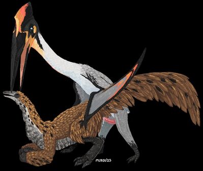Therizinosaurus and Quetzalcoatlus
art by brimsnaps
Keywords: dinosaur;theropod;therizinosaurus;pterodactyl;quetzalcoatlus;male;female;feral;M/F;penis;from_behind;suggestive;spooge;brimsnaps