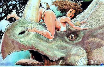 Trike Lover
art by bud_root
Keywords: beast;dinosaur;ceratopsid;triceratops;male;feral;human;woman;female;M/F;suggestive;bud_root