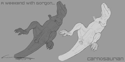 A Weekend With Gorgon 2
art by carnosaurian
Keywords: dinosaur;theropod;tyrannosaurus_rex;trex;gorgosaurus;male;female;feral;M/F;penis;cloaca;solo;spooge;carnosaurian