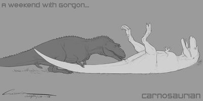 A Weekend With Gorgon 5
art by carnosaurian
Keywords: dinosaur;theropod;tyrannosaurus_rex;trex;gorgosaurus;male;female;feral;M/F;penis;cloaca;oral;carnosaurian