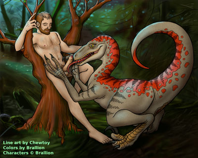 Raptor Cock Love
art by chewtoy 
color by brallion
Keywords: beast;dinosaur;theropod;raptor;human;man;male;M/F;penis;vagina;oral;chewtoy;brallion