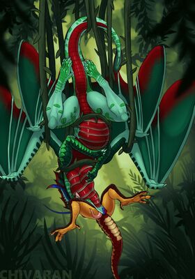 Jungle's Hunger (Wings_of_Fire)
art by chivaran
Keywords: wings_of_fire;leafwing;silkwing;hivewing;hybrid;dragon;dragoness;male;female;feral;M/F;penis;vore;suggestive;chivaran