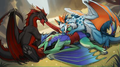 Birthday Breeding
art by chloe-dog
Keywords: dragon;dragoness;male;female;feral;M/F;threeway;spitroast;penis;missionary;vaginal_penetration;oral;chloe-dog