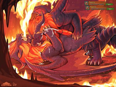 Teostra Bonding
art by chromamancer and deormynd
Keywords: videogame;monster_hunter;dragon;teostra;male;feral;M/M;penis;missionary;anal;spooge;chromamancer;deormynd