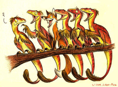 Odd One Out
art by culpeo_fox
Keywords: dinosaur;theropod;raptor;deinonychus;furry;canine;fox;feral;humor;non-adult;culpeo_fox