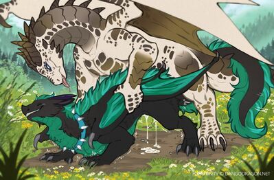 Dragons Mating
art by dangodragon
Keywords: dragon;dragoness;male;female;feral;M/F;from_behind;suggestive;spooge;dangodragon