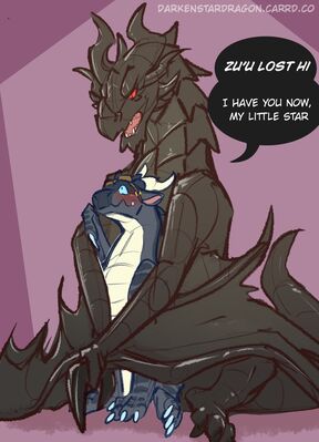 Alduin Hugs (Wings_of_Fire)
art by darkenstardragon
Keywords: videogame;skyrim;wings_of_fire;nightwing;icewing;hybrid;alduin;dragon;male;feral;M/M;romance;non-adult;darkenstardragon