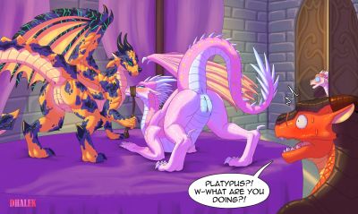 Umber and Wildwings 1 (Wings_of_Fire)
art by dhalek
Keywords: wings_of_fire;icewing;mudwing;skywing;hybrid;wildwing;aurora;platypus;umber;dragon;dragoness;male;female;feral;M/F;solo;bondage;vagina;presenting;dhalek