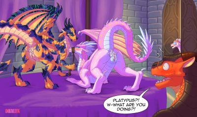 Umber and Wildwings 2 (Wings_of_Fire)
art by dhalek
Keywords: wings_of_fire;icewing;mudwing;skywing;hybrid;wildwing;aurora;platypus;umber;dragon;dragoness;male;female;feral;M/F;solo;bondage;vagina;presenting;spooge;dhalek