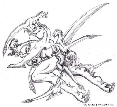 Raptor Romp
art by dharken
Keywords: dinosaur;theropod;raptor;male;female;feral;anthro;breasts;M/F;orgy;penis;from_behind;oral;cowgirl;vaginal_penetration;spooge;dharken