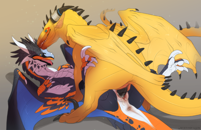 Cyrakhis Mating With DNK-Anais
art by qwertydragon
Keywords: dragon;dragoness;male;female;feral;M/F;penis;missionary;vaginal_penetration;spooge;qwertydragon