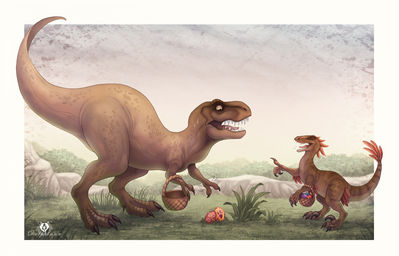 Jurassic Easter
art by dolphiana
Keywords: dinosaur;theropod;raptor;deinonychus;tyrannosaurus_rex;trex;feral;humor;holiday;non-adult;dolphiana