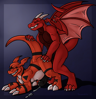 Guilmon's Lover
art by sciggles
Keywords: anime;digimon;dragon;guilmon;male;anthro;M/M;penis;from_behind;anal;spooge;sciggles