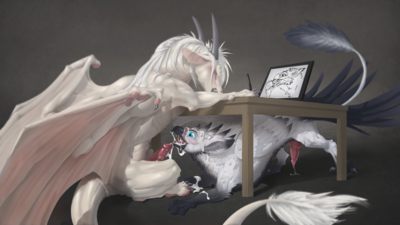 Distraction or Inspiration
art by dragonlovers and rastaban
Keywords: dragon;gryphon;male;feral;M/M;penis;oral;spooge;dragonlovers;rastaban