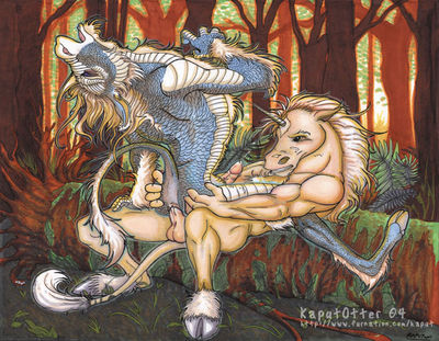 Dragon Rides A Unicorn
art by kaputotter
Keywords: dragon;furry;equine;unicorn;male;female;anthro;M/M;penis;cowgirl;anal;kaputotter