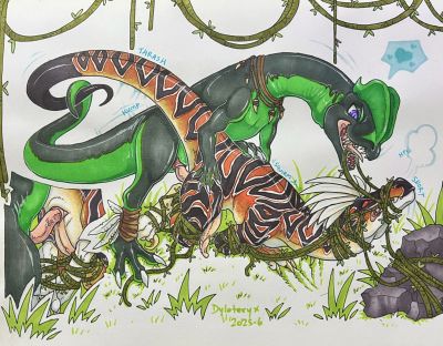 Dilophosaurus and Talon
art by dyloteryx
Keywords: videogame;primal_rage;dinosaur;theropod;raptor;talon;dilophosaurus;male;feral;M/M;bondage;penis;from_behind;anal;dyloteryx