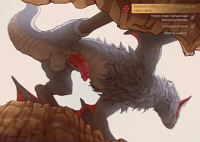 Cuga Hunt
art by falcrus
Keywords: videogame;monster_hunter;dragon;wyvern;nargacuga;male;feral;solo;penis;closeup;falcrus