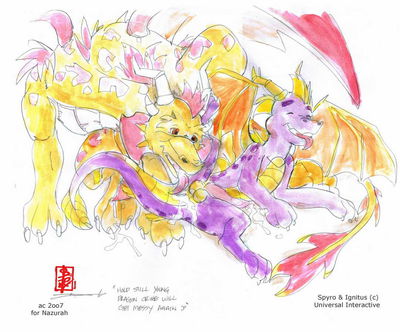 Spyro's Lesson 1
art by fennec
Keywords: videogame;spyro_the_dragon;spyro;ignitus;dragon;male;anthro;M/M;penis;oral;rimjob;anal;fennec