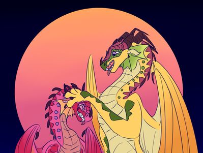 Jambu and Pineapple (Wings_of_Fire)
art by flickertoons
Keywords: wings_of_fire;jambu;pineapple;rainwing;dragon;male;feral;M/M;romance;non-adult;flickertoons