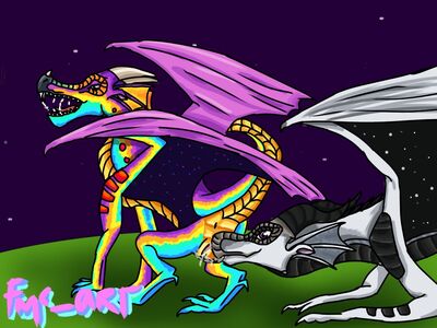 Nyx and Passionfruit (Wings_of_Fire)
art by fmc_art
Keywords: wings_of_fire;nightwing;rainwing;hybrid;dragoness;female;feral;lesbian;vagina;oral;spooge;fmc_art