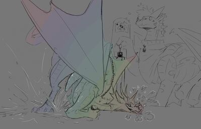 Ride the Anaconda (Wings_of_Fire)
art by fuegodelalma
Keywords: wings_of_fire;rainwing;mudwing;sandwing;hybrid;dragon;male;feral;M/M;solo;penis;hemipenis;suggestive;fuegodelalma