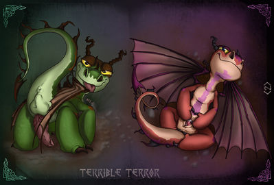 Terrible Terror
art by fuf
Keywords: how_to_train_your_dragon;httyd;terrible_terror;dragon;feral;male;female;solo;penis;vagina;spread;fuf