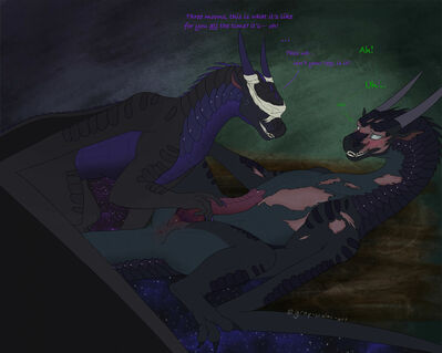 Fatespeaker and Starflight (Wings_of_Fire)
art by gray-scales
Keywords: wings_of_fire;nightwing;starflight;fatespeaker;dragon;dragoness;male;female;feral;M/F;penis;masturbation;gray-scales